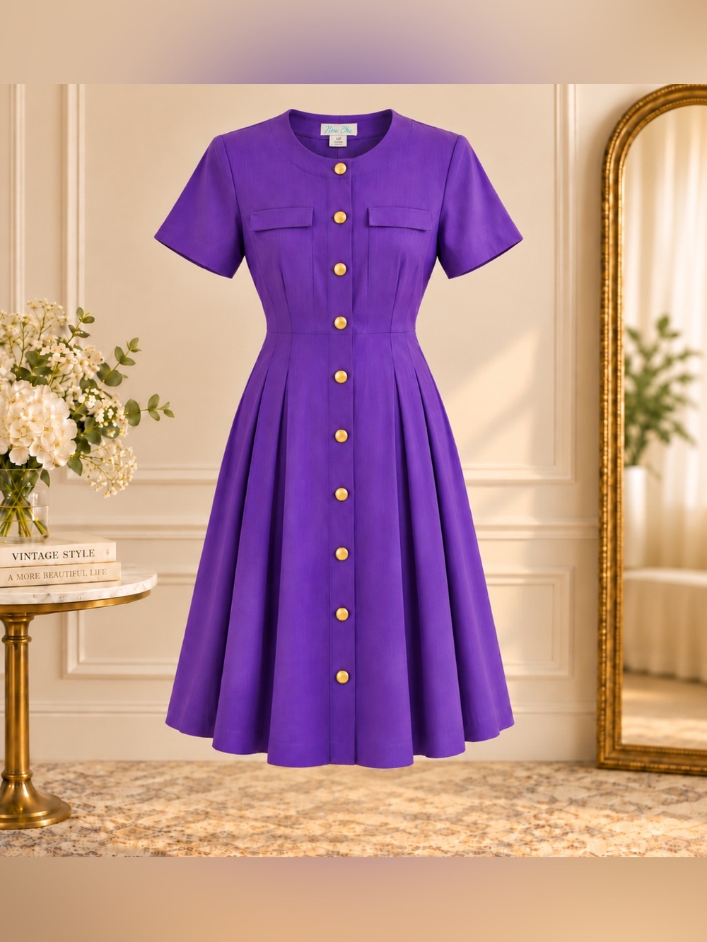 Vintage Kristy Allan California Purple Linen Gold Button Midi Dress Size 8 Belt